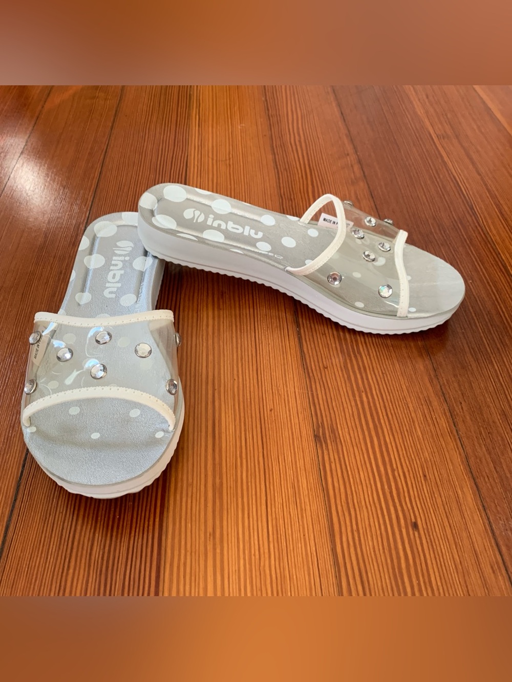 inblu Women's Polka Dot Clear Strap Rhinestone Slide Sandals EU 35